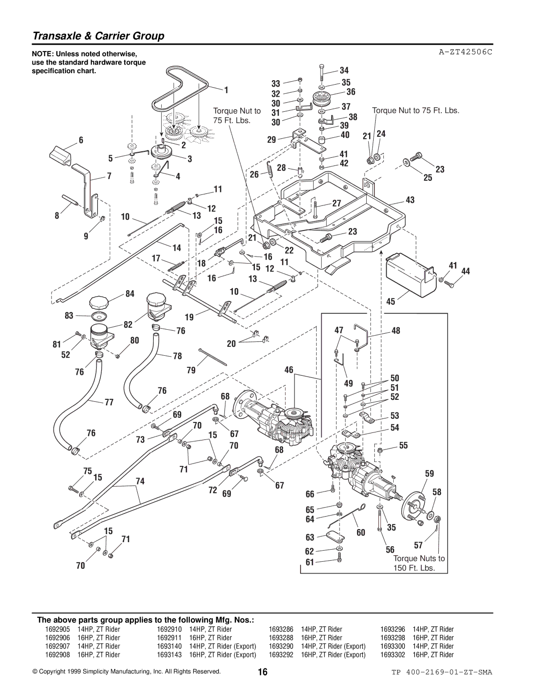 Simplicity TP 400-2169-01-ZT-SMA manual 150 Ft. Lbs 