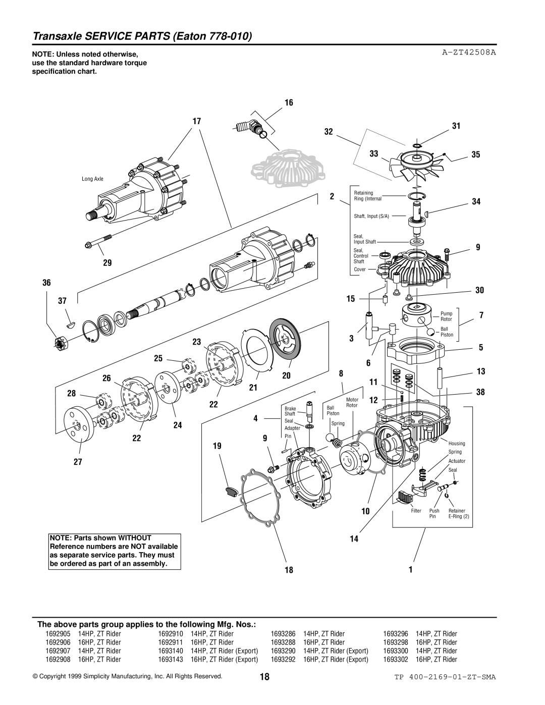 Simplicity TP 400-2169-01-ZT-SMA manual Transaxle Service Parts Eaton, ZT42508A 