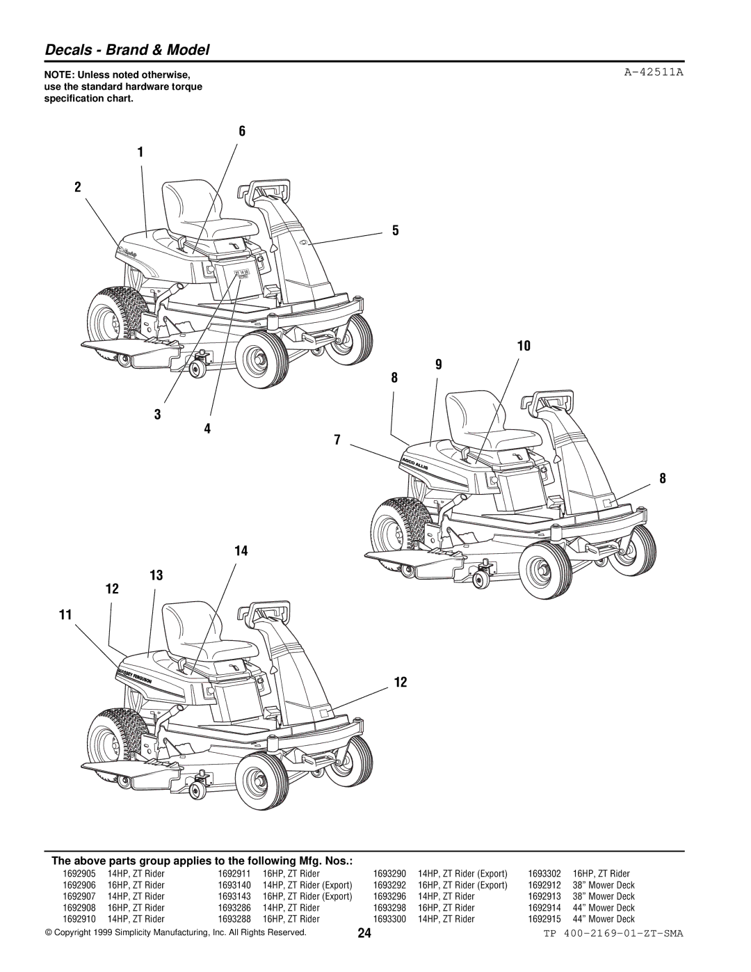 Simplicity TP 400-2169-01-ZT-SMA manual Decals Brand & Model, 42511A 