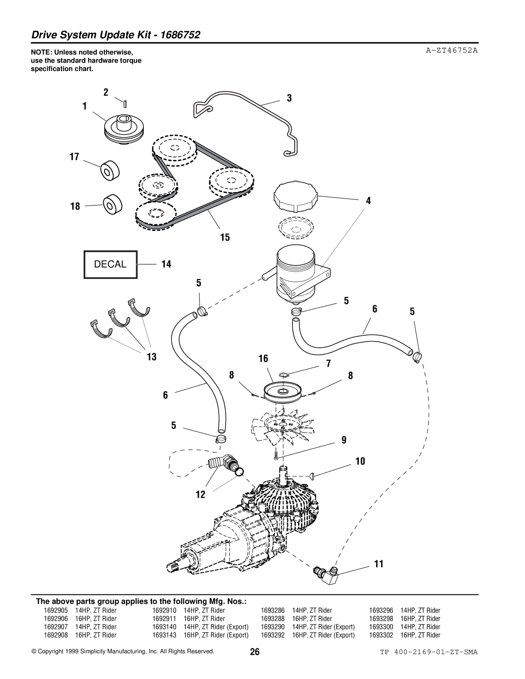 Simplicity TP 400-2169-01-ZT-SMA manual Drive System Update Kit, ZT46752A 