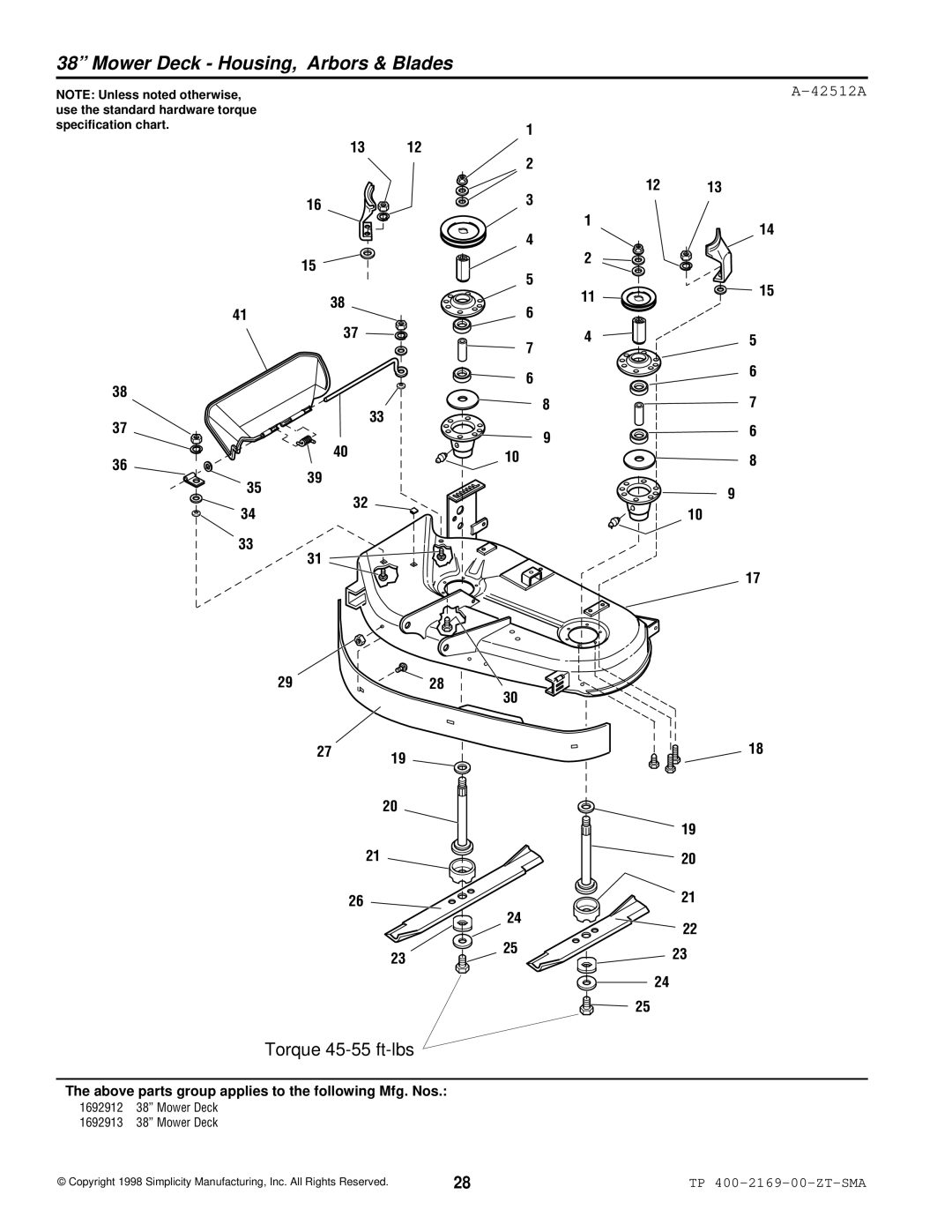 Simplicity TP 400-2169-01-ZT-SMA manual Mower Deck Housing, Arbors & Blades, 42512A 