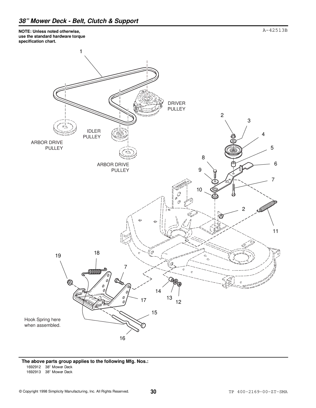 Simplicity TP 400-2169-01-ZT-SMA manual Mower Deck Belt, Clutch & Support, 42513B 