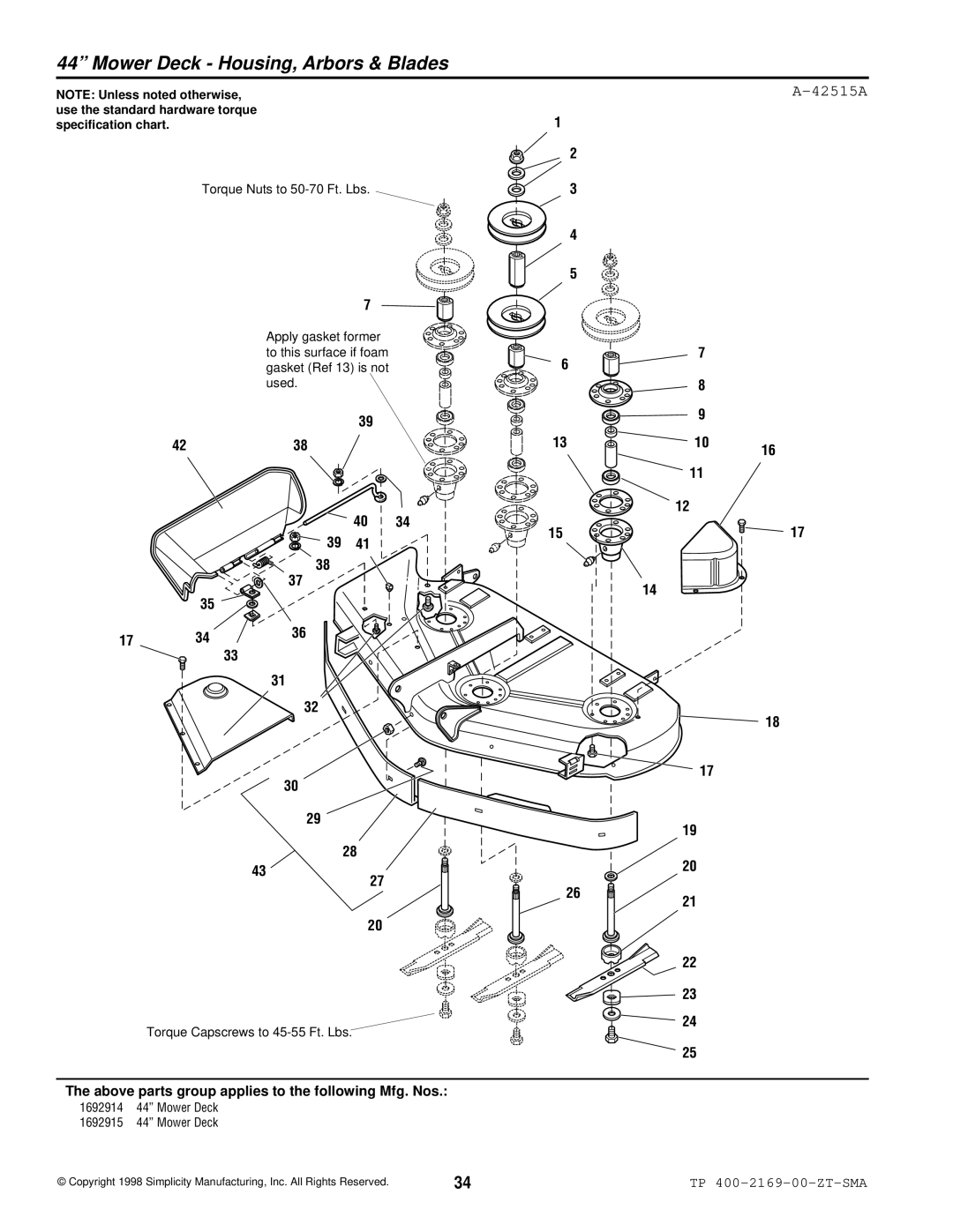 Simplicity TP 400-2169-01-ZT-SMA manual Mower Deck Housing, Arbors & Blades, 42515A 