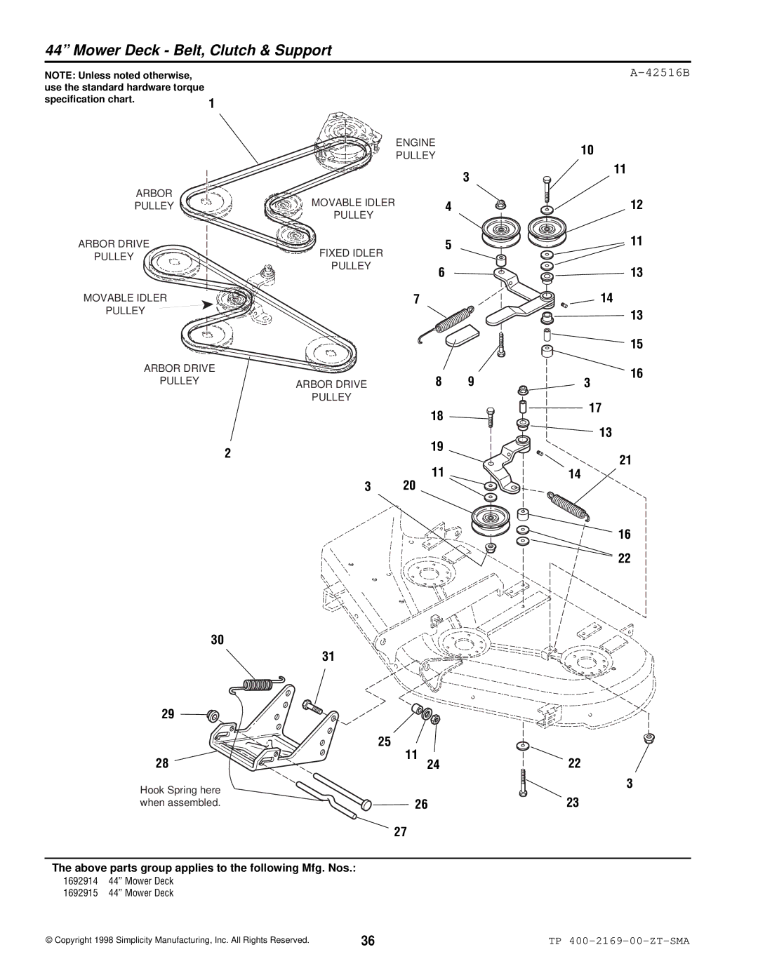 Simplicity TP 400-2169-01-ZT-SMA manual Mower Deck Belt, Clutch & Support, 42516B 