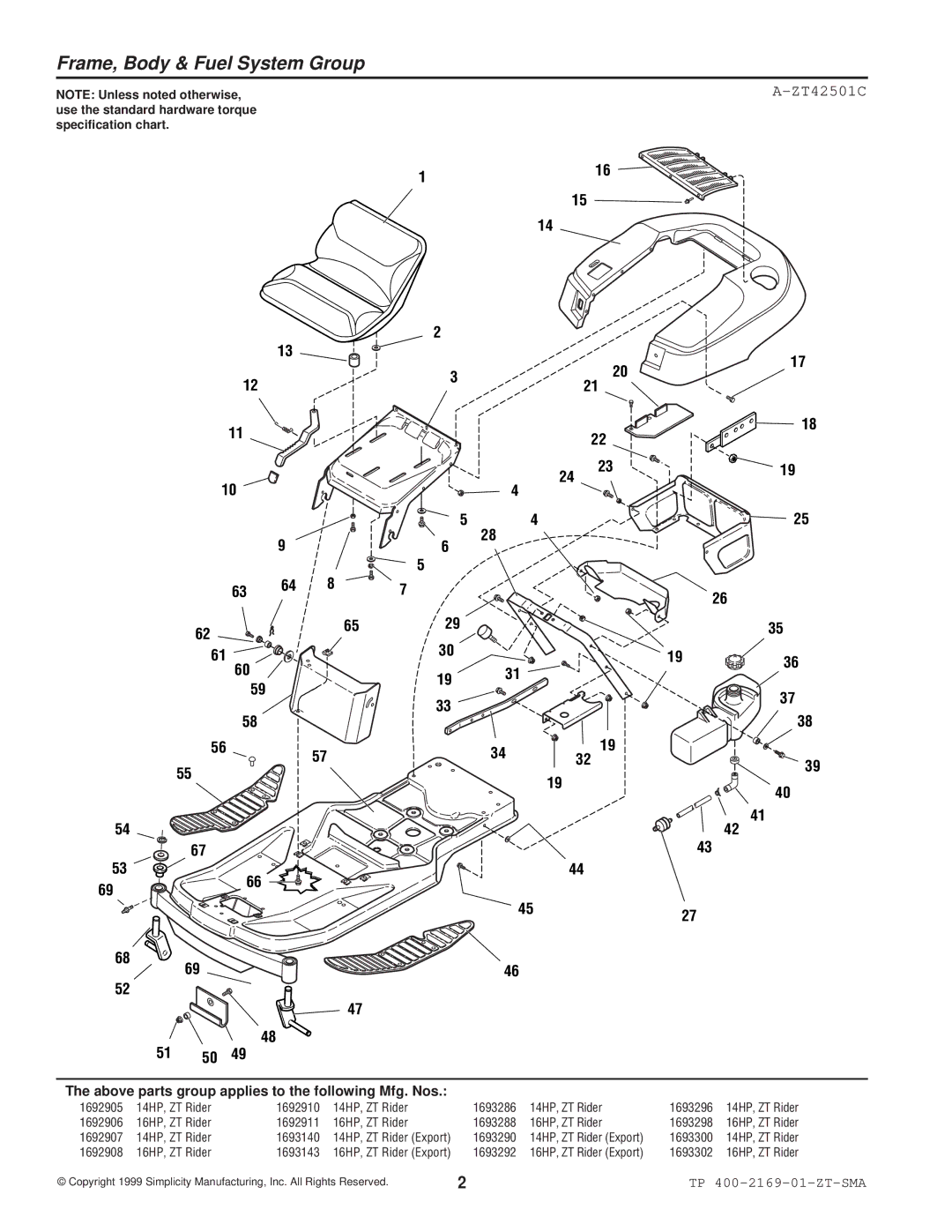 Simplicity TP 400-2169-01-ZT-SMA manual Frame, Body & Fuel System Group, ZT42501C 