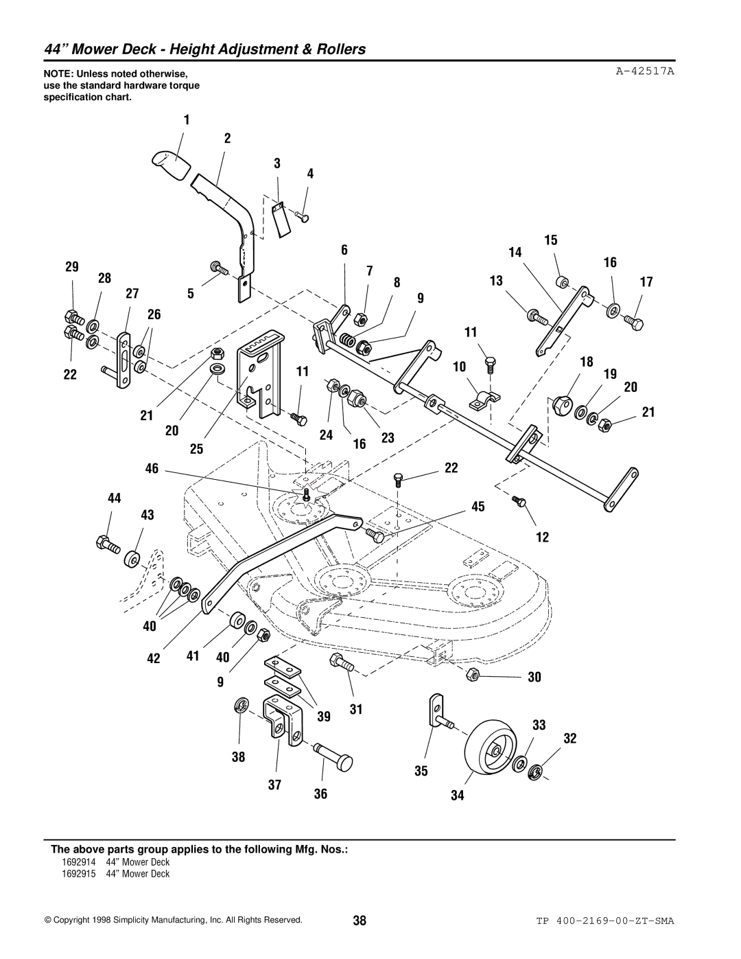 Simplicity TP 400-2169-01-ZT-SMA manual Mower Deck Height Adjustment & Rollers, 42517A 