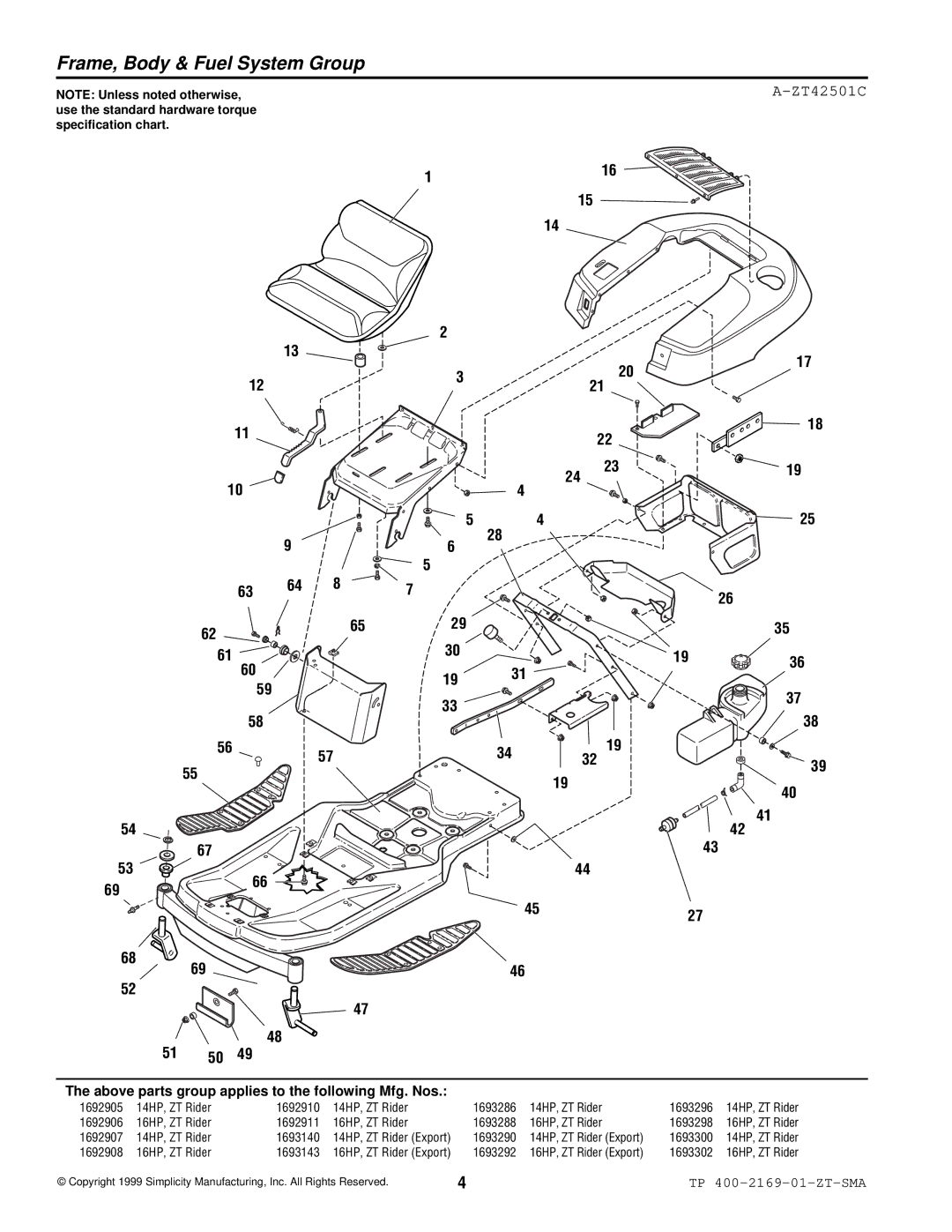 Simplicity TP 400-2169-01-ZT-SMA manual Frame, Body & Fuel System Group 