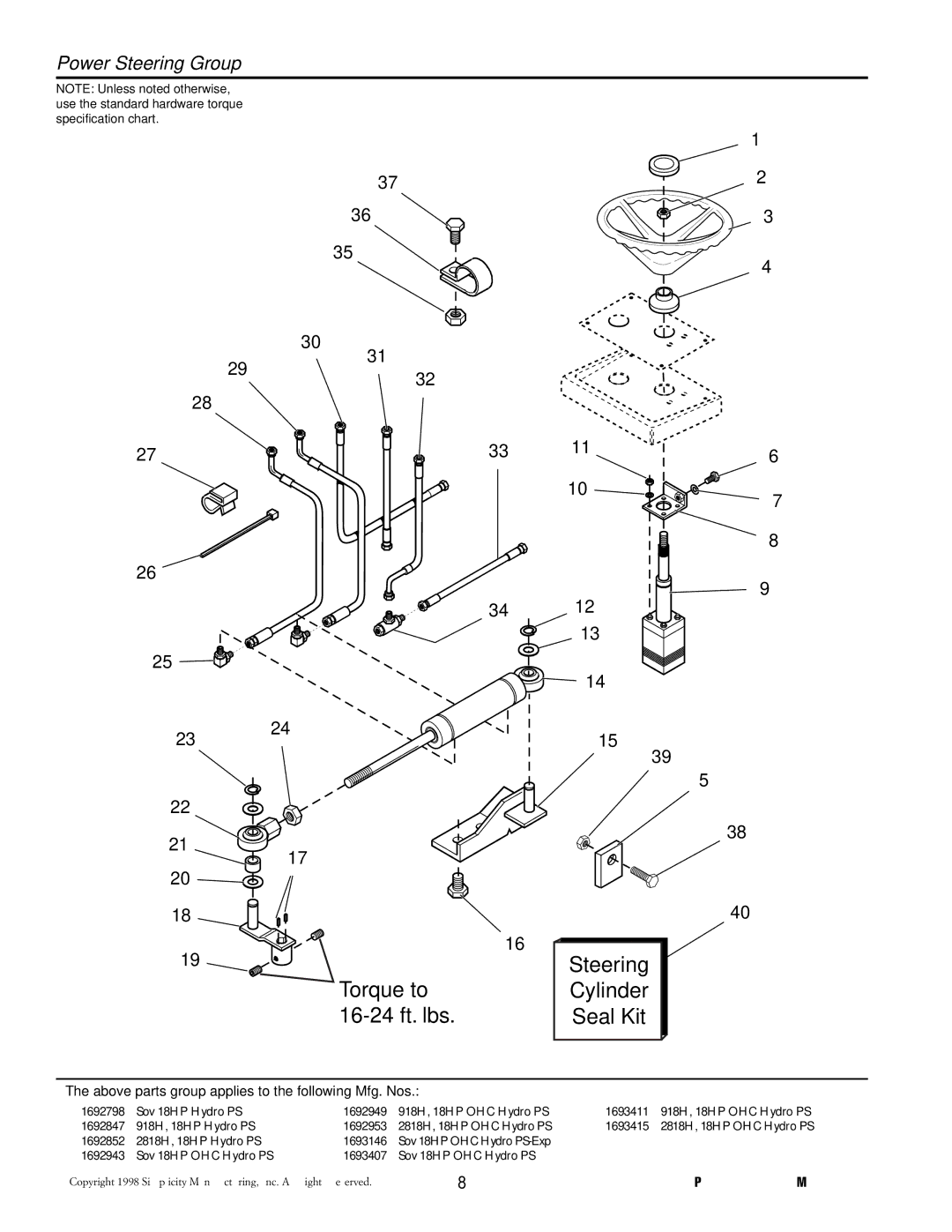 Simplicity TP 400-2218-00-SV-SMA manual Steering Torque to 16-24 ft. lbs Cylinder Seal Kit, Power Steering Group 