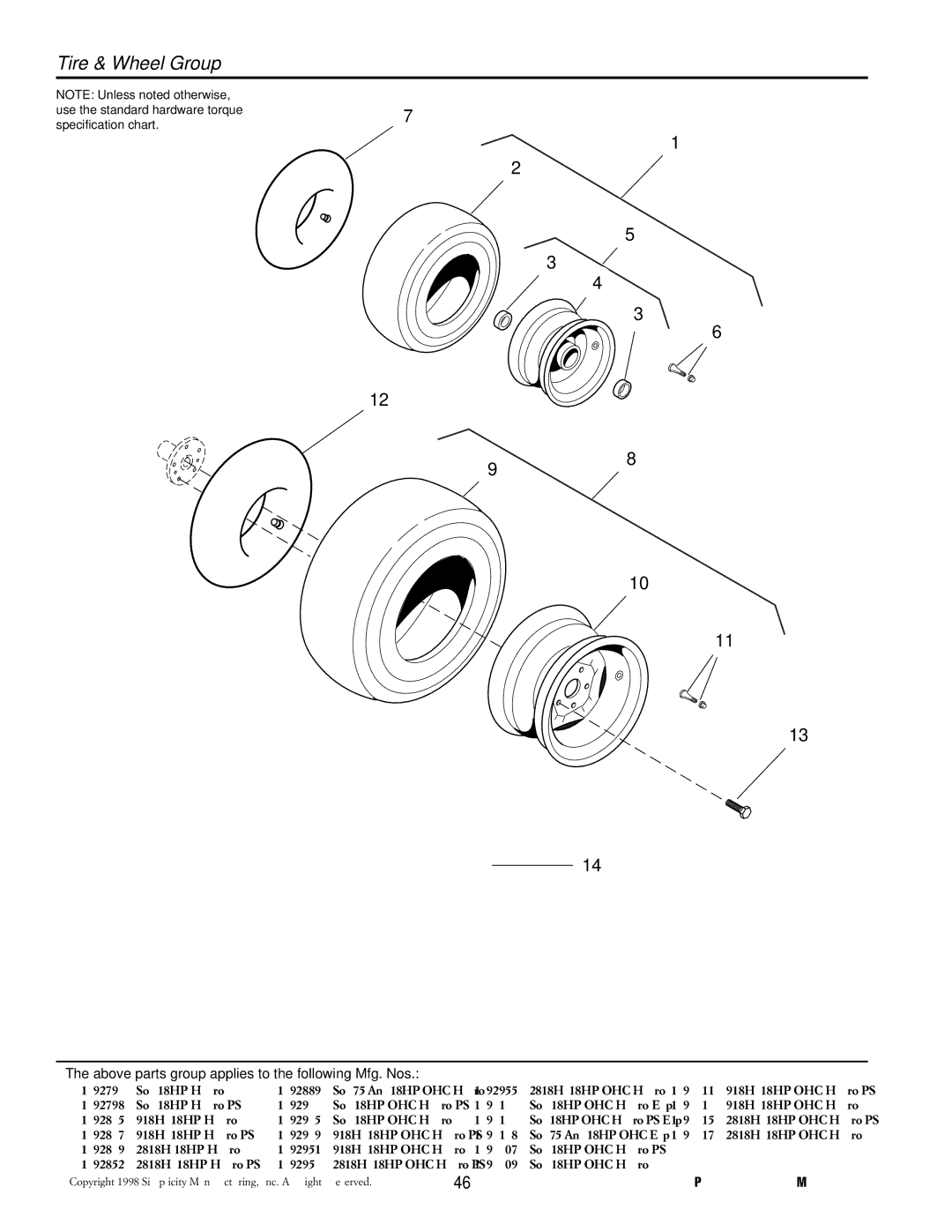 Simplicity TP 400-2218-00-SV-SMA manual Tire & Wheel Group, SV43023A 