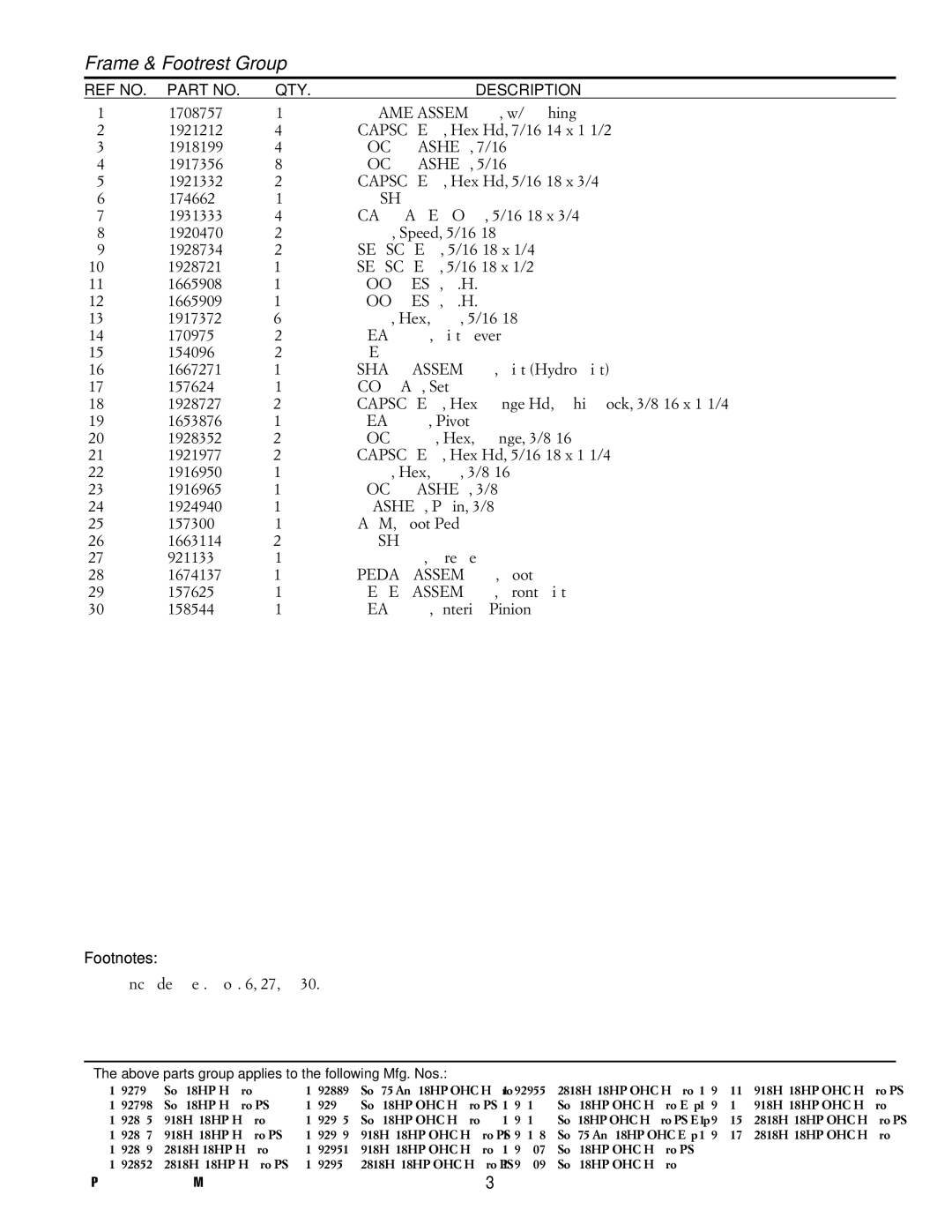 Simplicity TP 400-2218-00-SV-SMA manual LOCKWASHER, 7/16, LOCKWASHER, 5/16, Bushing, Footrest, L.H, Footrest, R.H, Key 