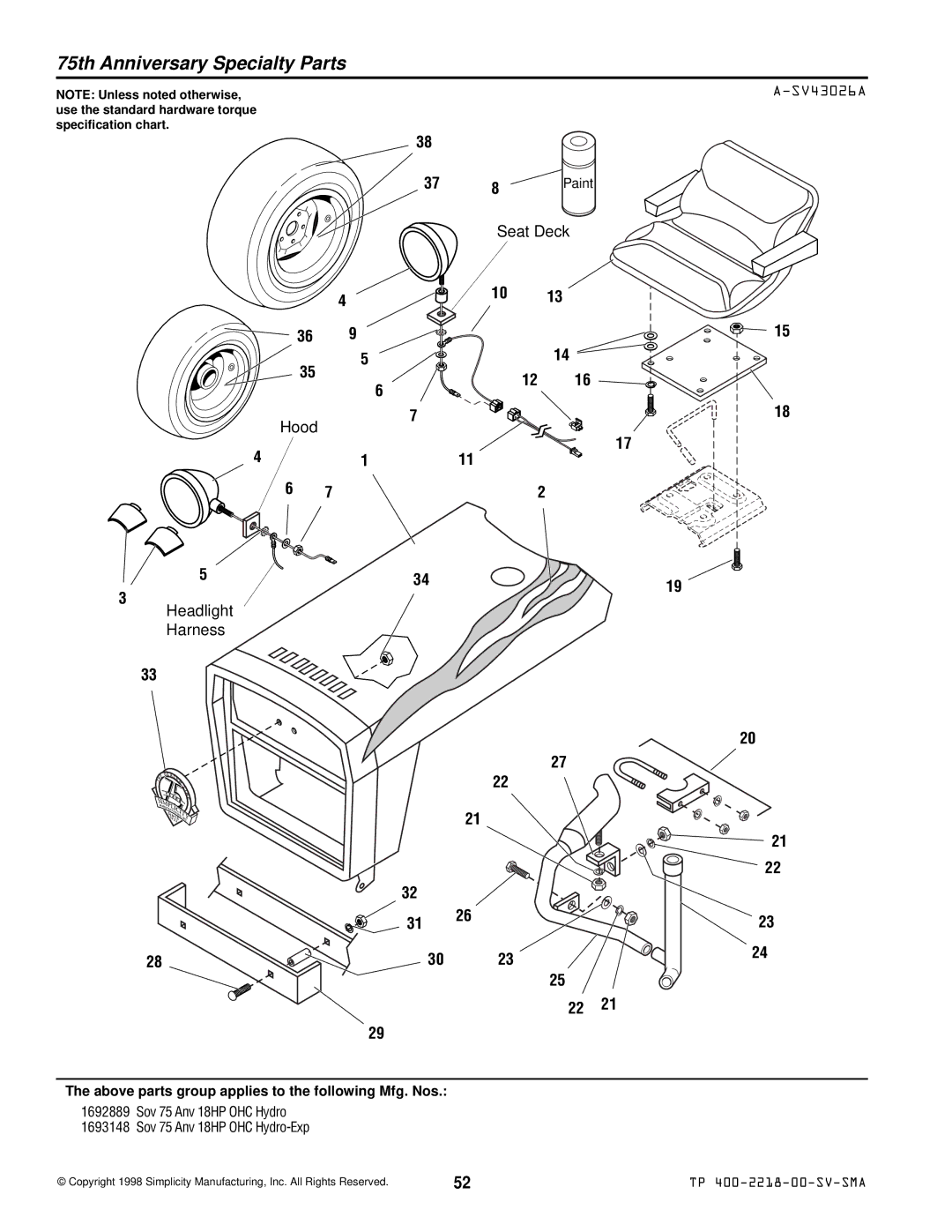 Simplicity TP 400-2218-00-SV-SMA manual 75th Anniversary Specialty Parts, Ee Ed 