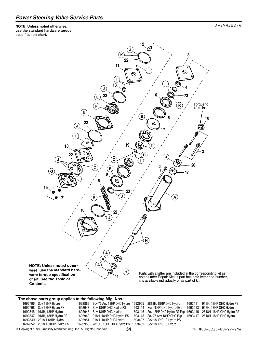 Simplicity TP 400-2218-00-SV-SMA manual Power Steering Valve Service Parts, SV43027A 