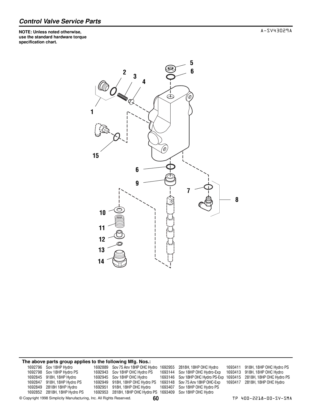 Simplicity TP 400-2218-00-SV-SMA manual Control Valve Service Parts, SV43029A 