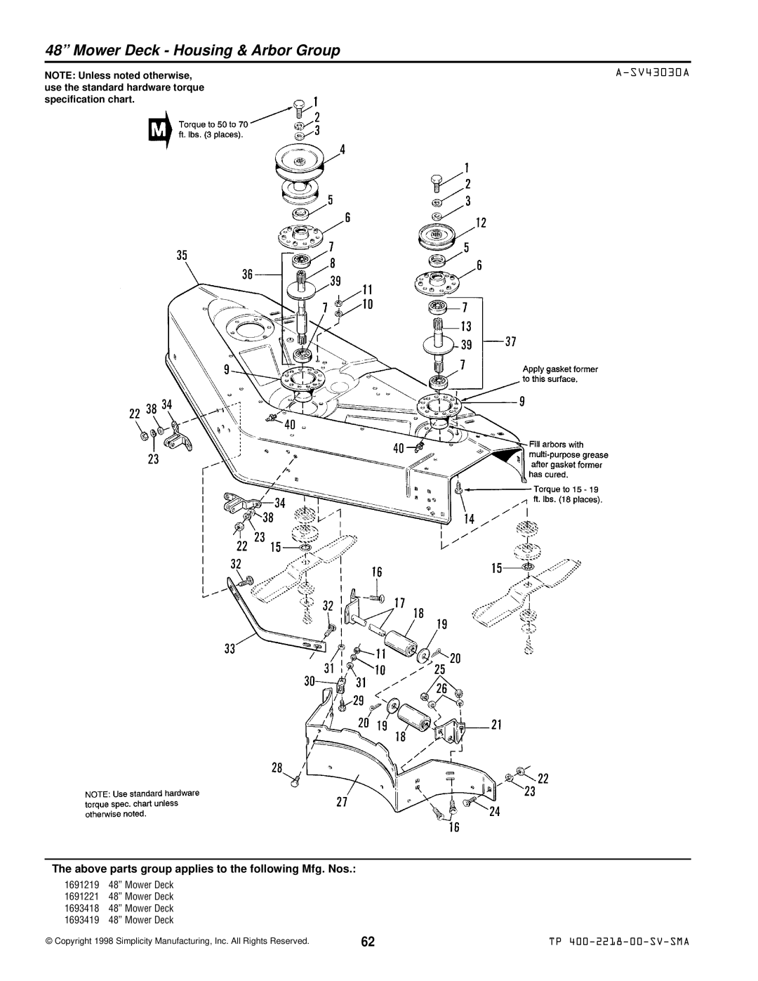 Simplicity TP 400-2218-00-SV-SMA manual Mower Deck Housing & Arbor Group, SV43030A 