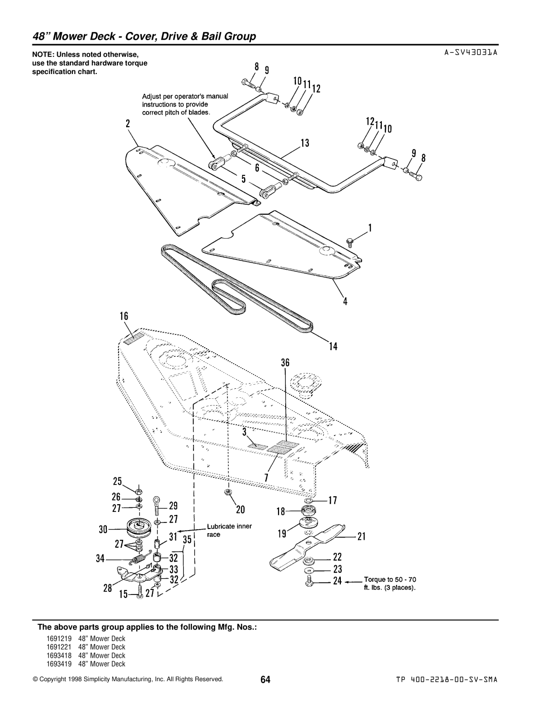 Simplicity TP 400-2218-00-SV-SMA manual Mower Deck Cover, Drive & Bail Group, SV43031A 