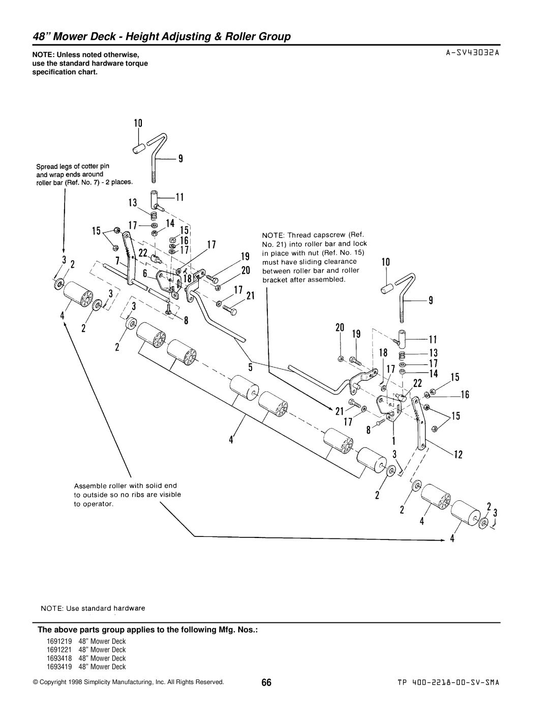 Simplicity TP 400-2218-00-SV-SMA manual Mower Deck Height Adjusting & Roller Group, SV43032A 