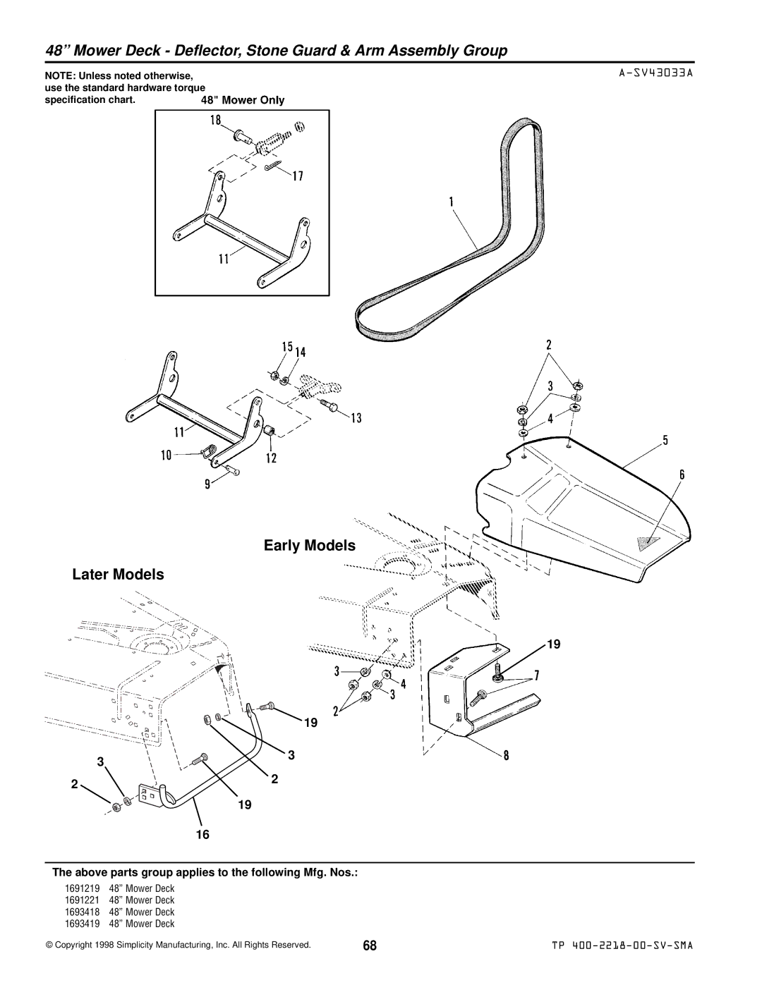 Simplicity TP 400-2218-00-SV-SMA manual Mower Deck Deflector, Stone Guard & Arm Assembly Group, SV43033A 