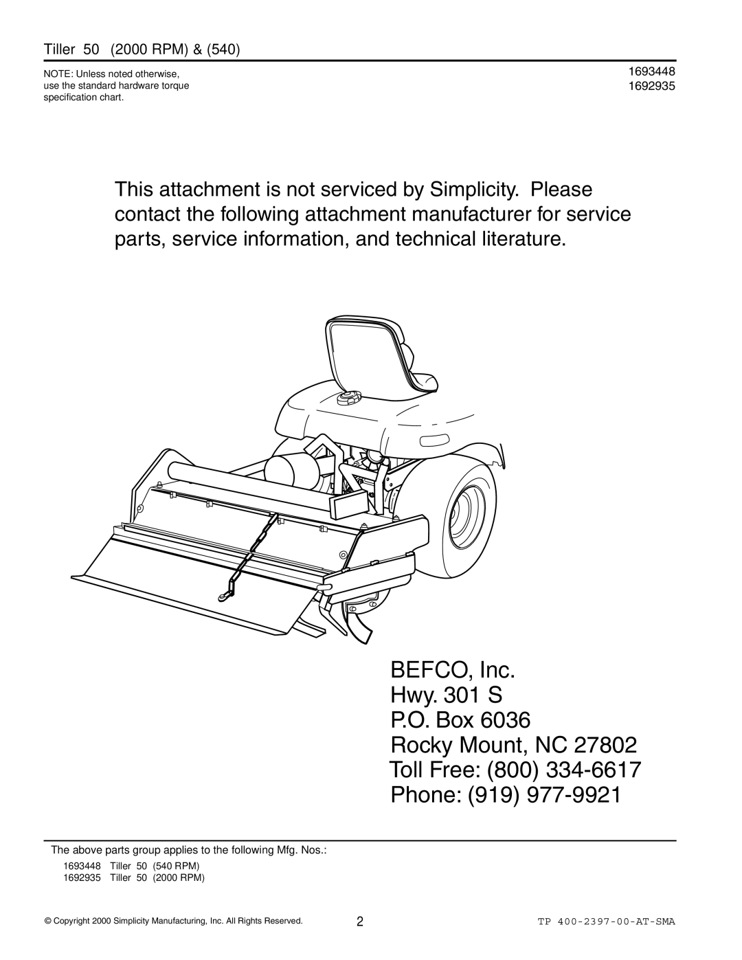 Simplicity TP 400-2397-00-AT-SMA manual BEFCO, Inc, Above parts group applies to the following Mfg. Nos 