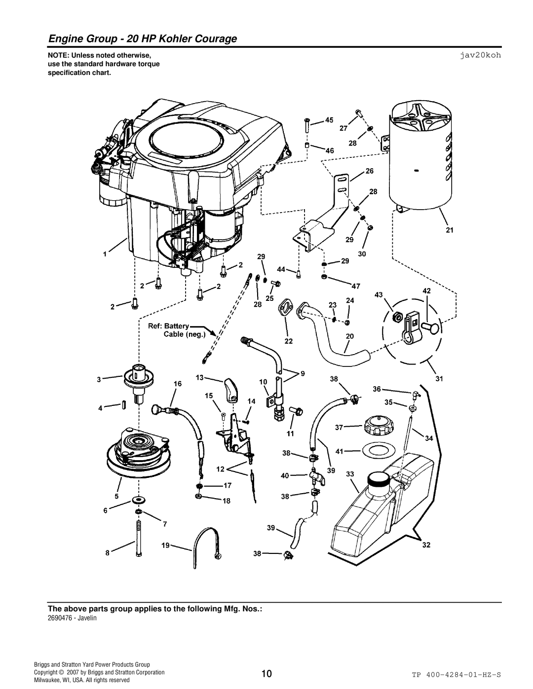 Simplicity TP 400-4284-01-HZ-S manual Engine Group 20 HP Kohler Courage, Jav20koh 