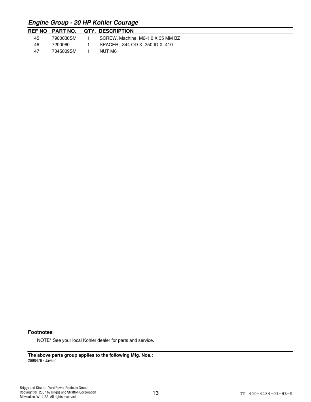 Simplicity TP 400-4284-01-HZ-S manual NUT M6 