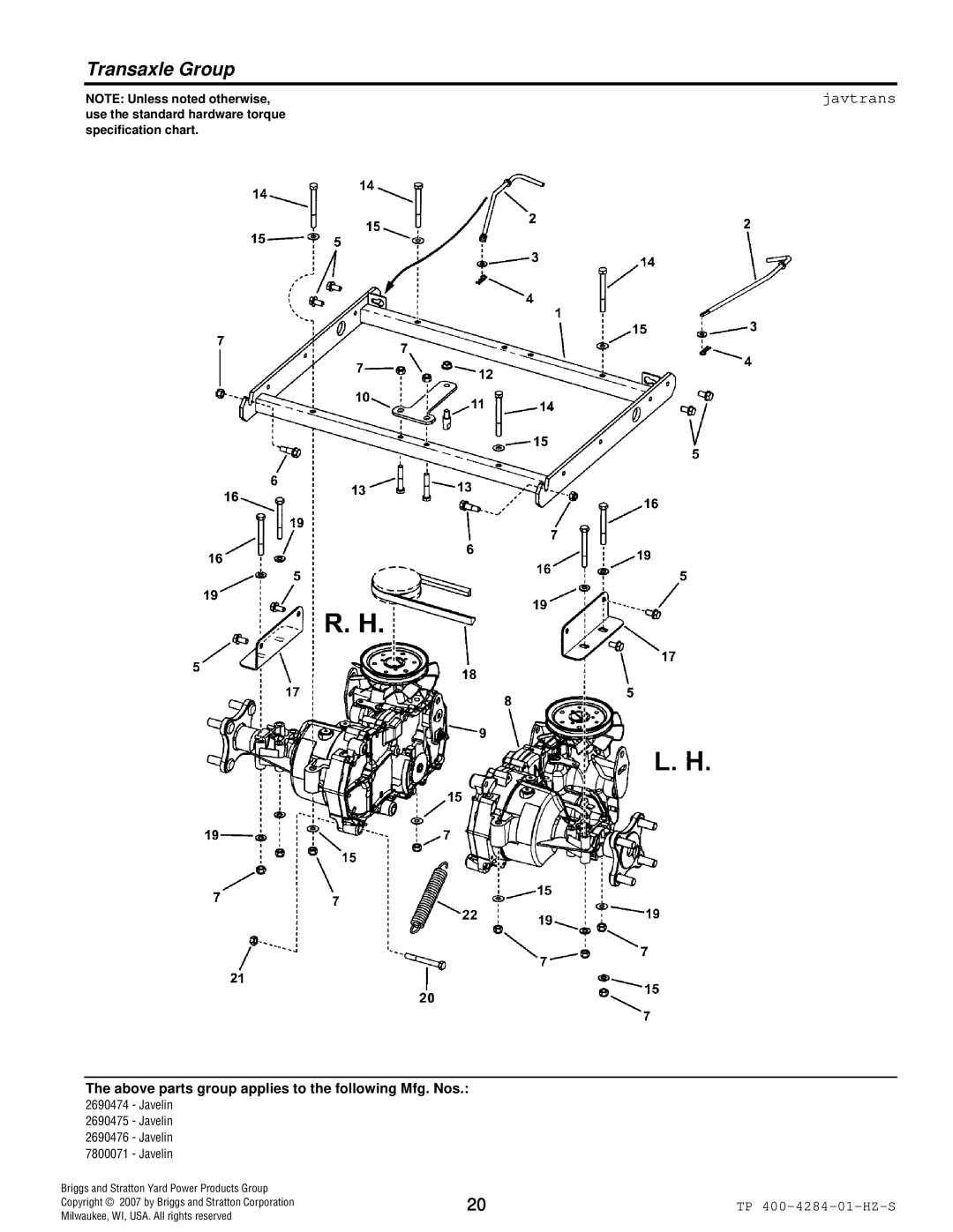 Simplicity TP 400-4284-01-HZ-S manual Transaxle Group, Javtrans 