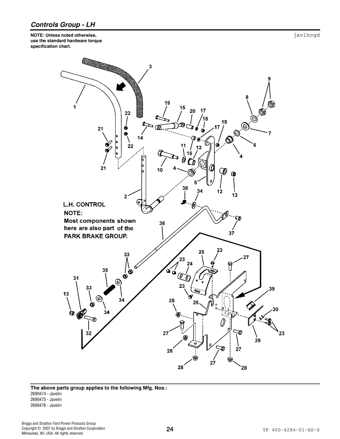 Simplicity TP 400-4284-01-HZ-S manual Controls Group LH, Javlhcgd 