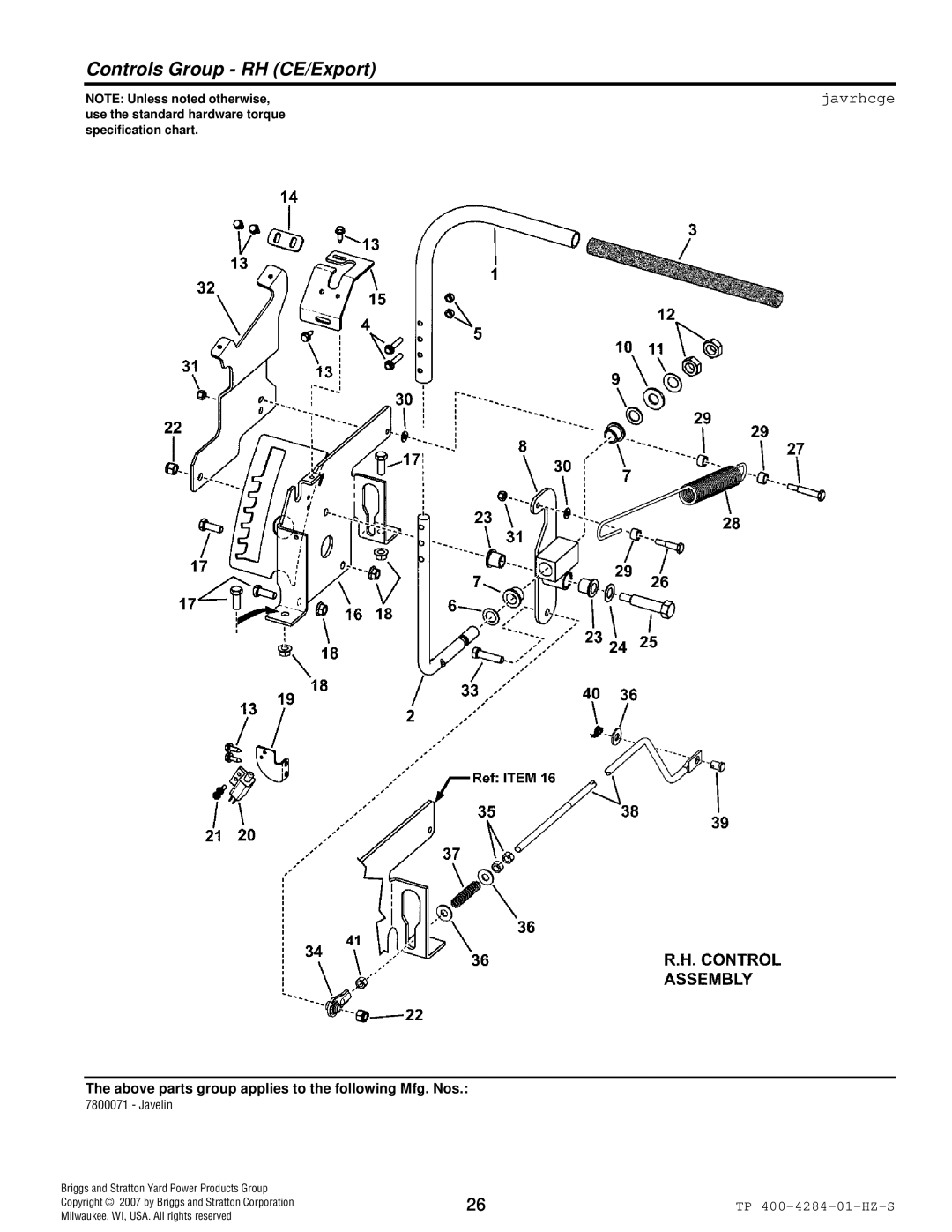 Simplicity TP 400-4284-01-HZ-S manual Controls Group RH CE/Export, Javrhcge 