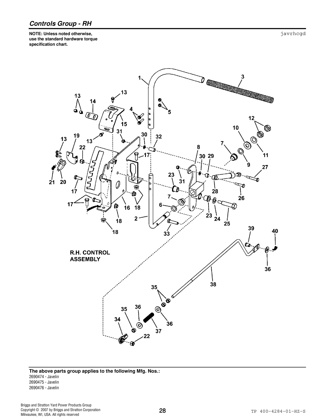 Simplicity TP 400-4284-01-HZ-S manual Controls Group RH, Javrhcgd 