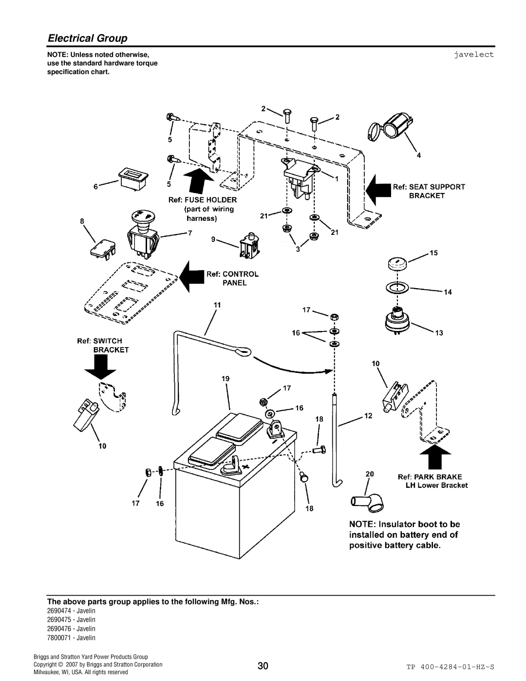 Simplicity TP 400-4284-01-HZ-S manual Electrical Group, Javelect 