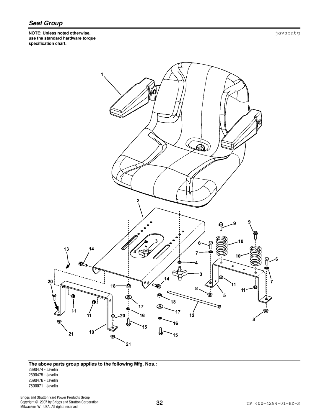 Simplicity TP 400-4284-01-HZ-S manual Seat Group, Javseatg 