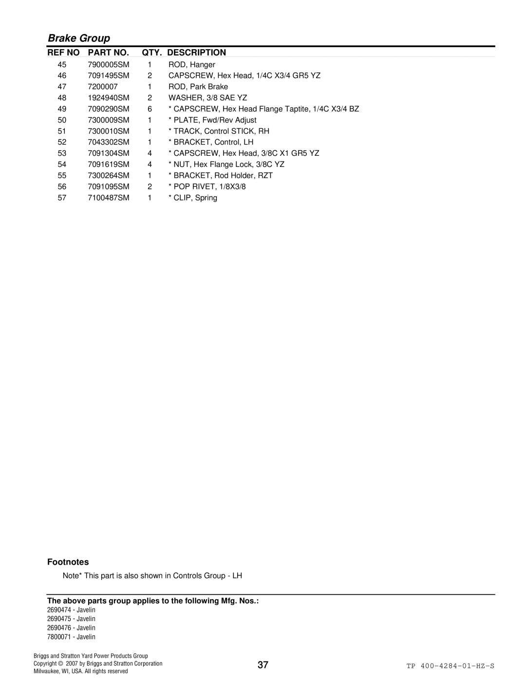 Simplicity TP 400-4284-01-HZ-S manual WASHER, 3/8 SAE YZ 