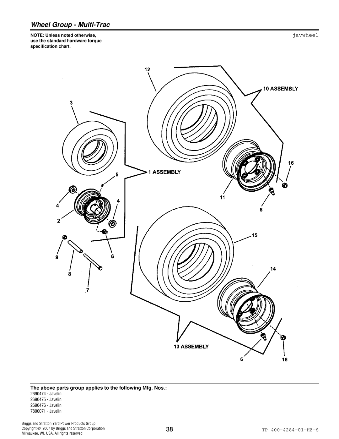 Simplicity TP 400-4284-01-HZ-S manual Wheel Group Multi-Trac, Javwheel 