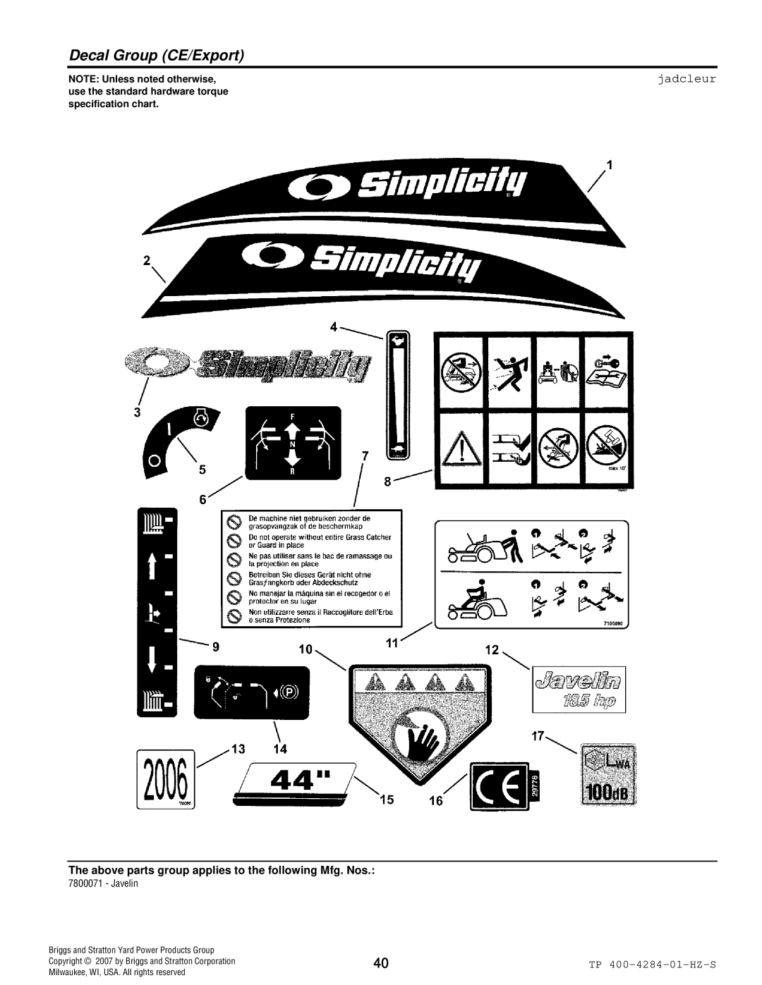 Simplicity TP 400-4284-01-HZ-S manual Decal Group CE/Export, Jadcleur 