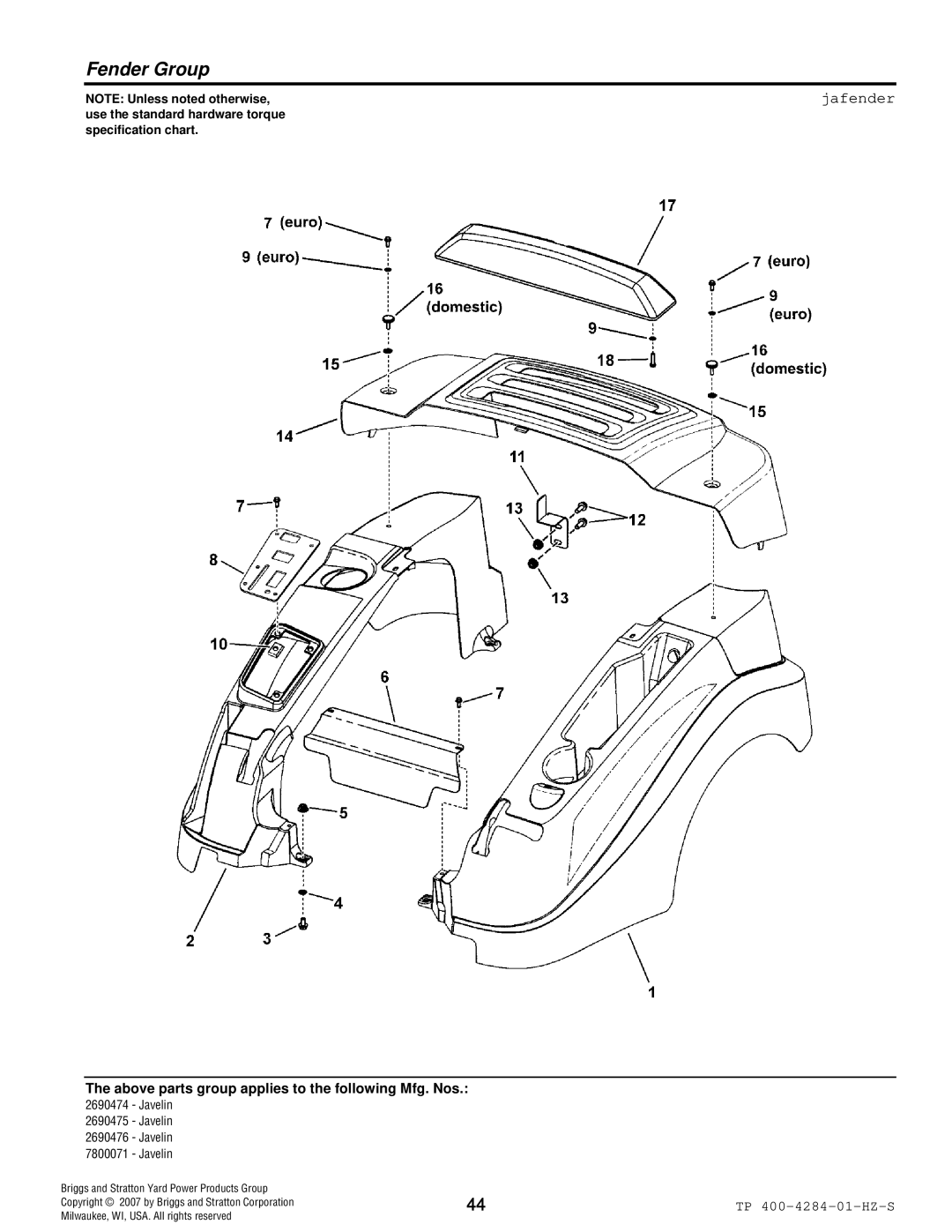 Simplicity TP 400-4284-01-HZ-S manual Fender Group, Jafender 