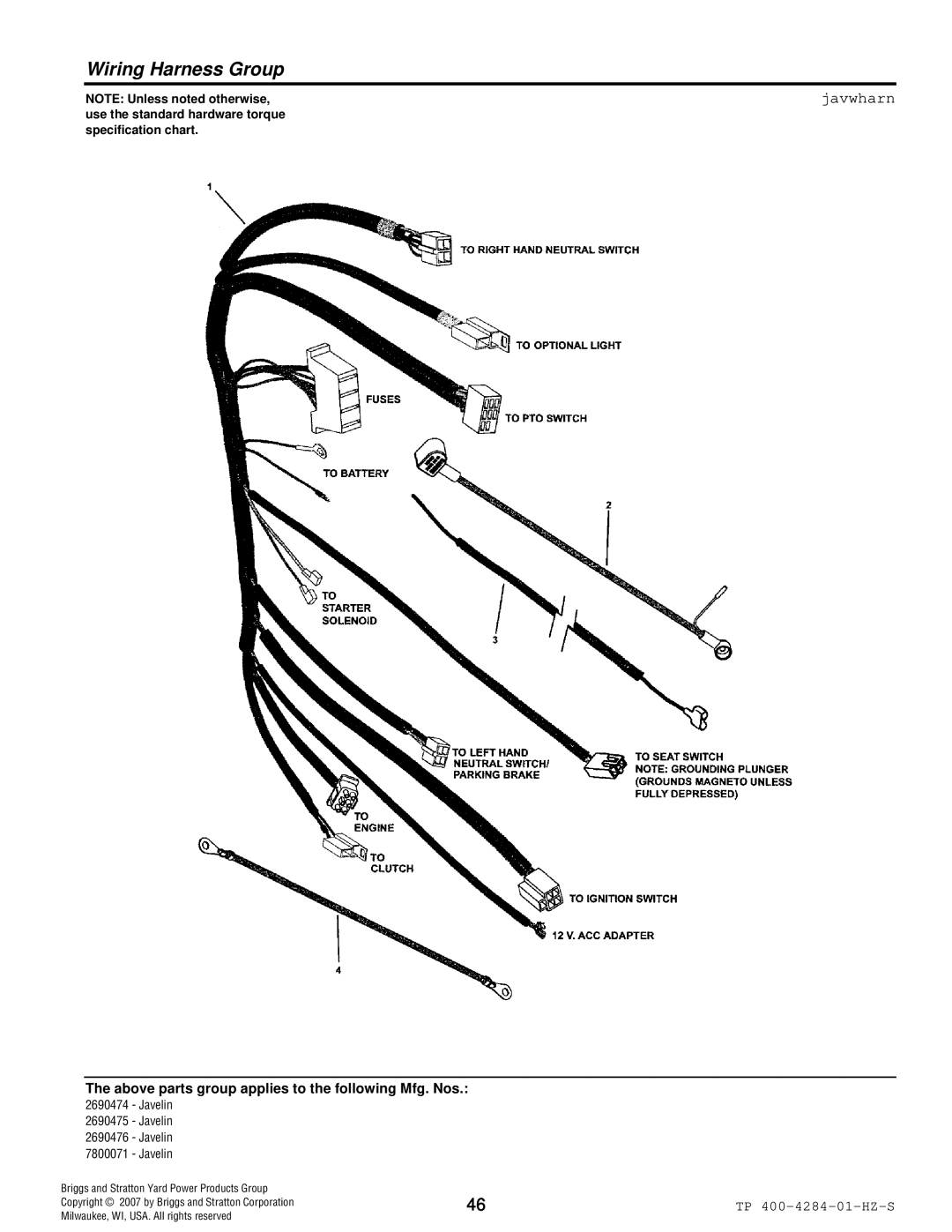 Simplicity TP 400-4284-01-HZ-S manual Wiring Harness Group, Javwharn 