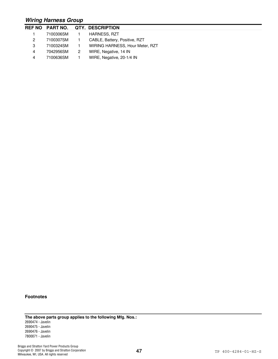 Simplicity TP 400-4284-01-HZ-S manual Harness, Rzt 