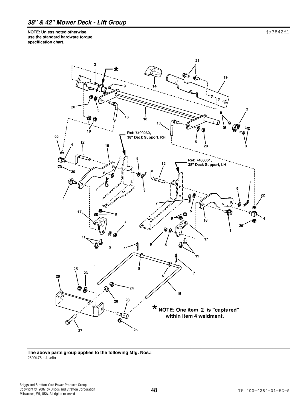 Simplicity TP 400-4284-01-HZ-S manual 38 & 42 Mower Deck Lift Group, Ja3842dl 