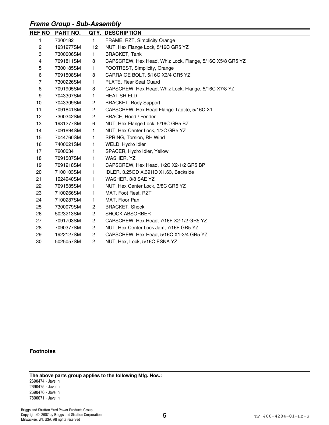 Simplicity TP 400-4284-01-HZ-S manual Carraige BOLT, 5/16C X3/4 GR5 YZ, Heat Shield, Washer, Yz, WASHER, 3/8 SAE YZ 