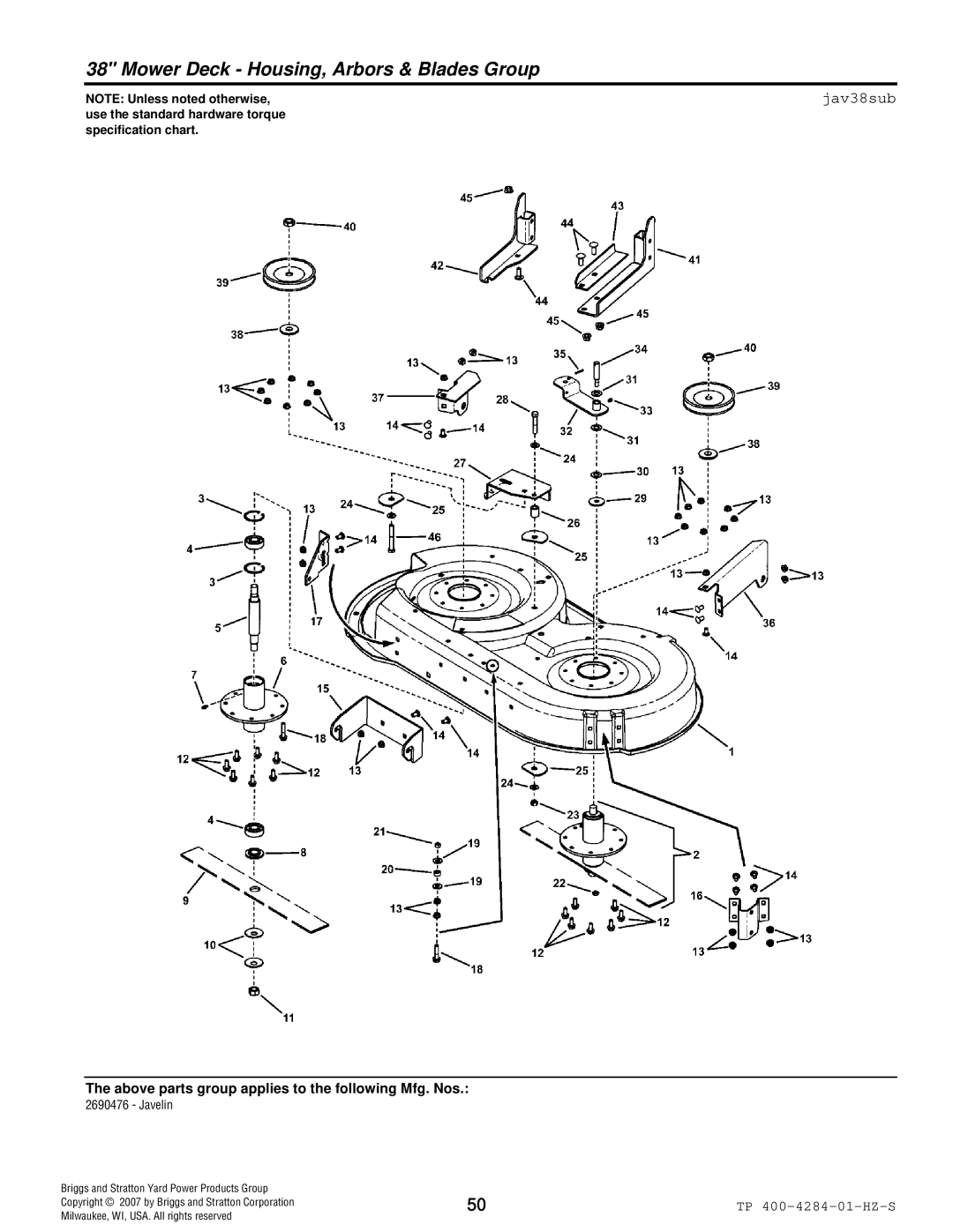 Simplicity TP 400-4284-01-HZ-S manual Mower Deck Housing, Arbors & Blades Group, Jav38sub 