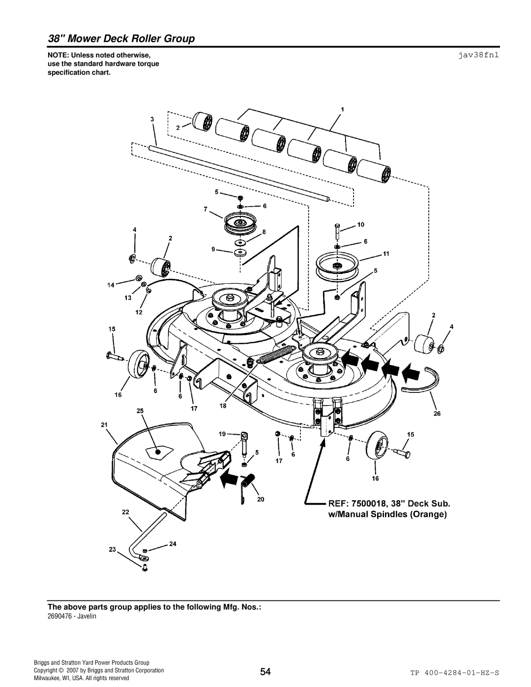 Simplicity TP 400-4284-01-HZ-S manual Mower Deck Roller Group, Jav38fnl 