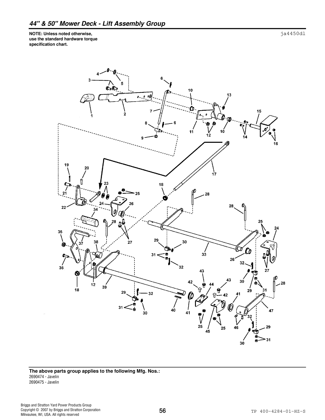 Simplicity TP 400-4284-01-HZ-S manual 44 & 50 Mower Deck Lift Assembly Group, Ja4450dl 