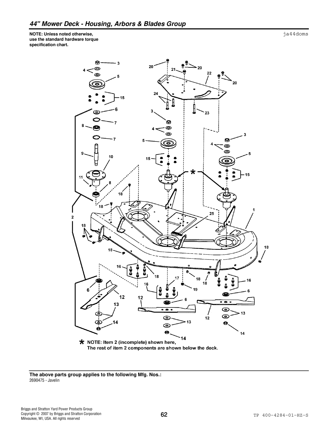 Simplicity TP 400-4284-01-HZ-S manual Mower Deck Housing, Arbors & Blades Group, Ja44doms 