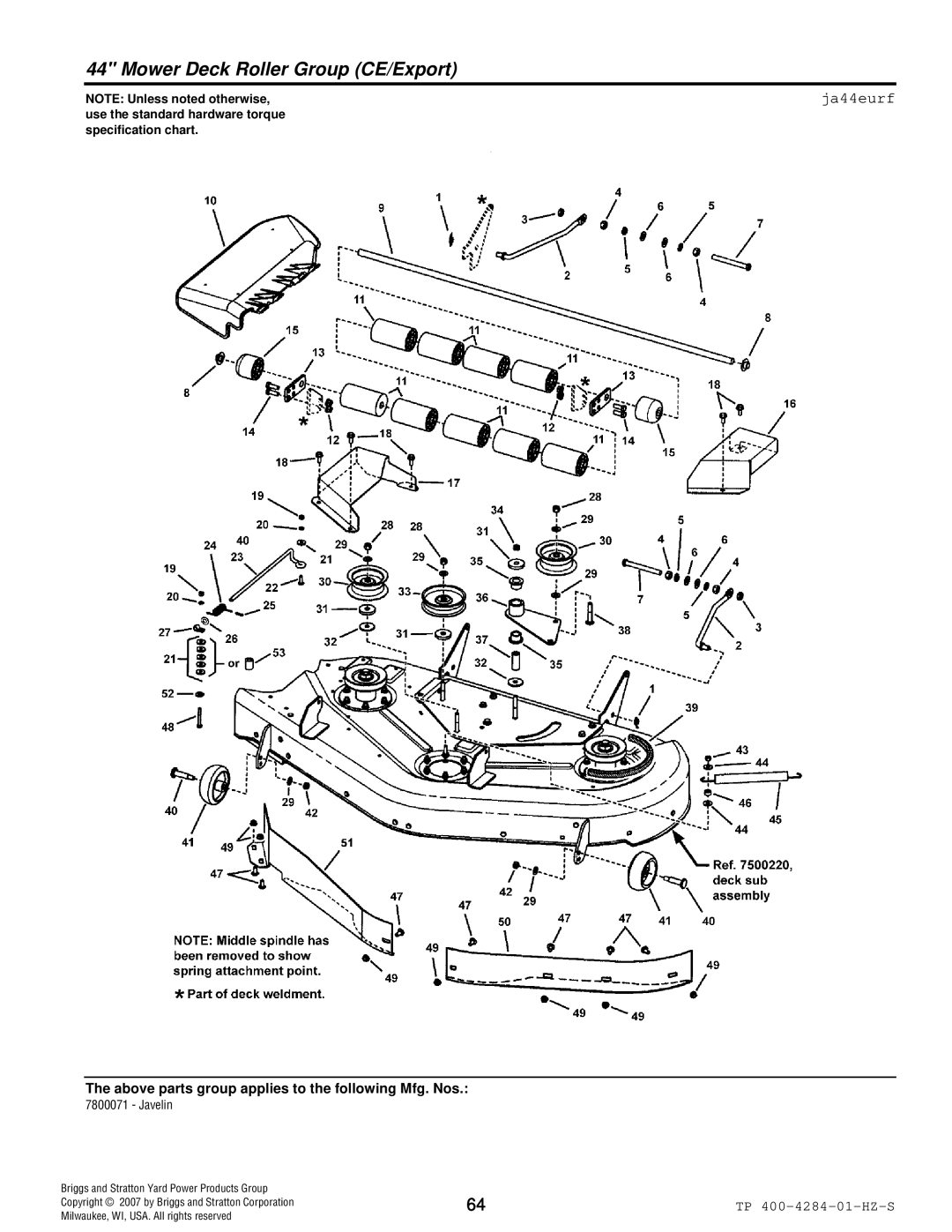 Simplicity TP 400-4284-01-HZ-S manual Mower Deck Roller Group CE/Export, Ja44eurf 