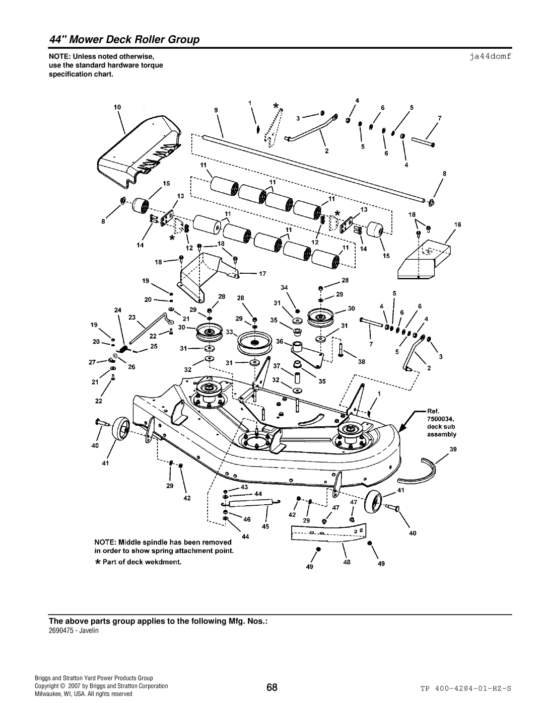 Simplicity TP 400-4284-01-HZ-S manual Mower Deck Roller Group, Ja44domf 