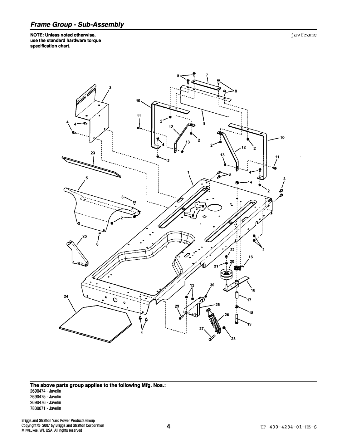 Simplicity TP 400-4284-01-HZ-S Frame Group - Sub-Assembly, javframe, NOTE: Unless noted otherwise, specification chart 