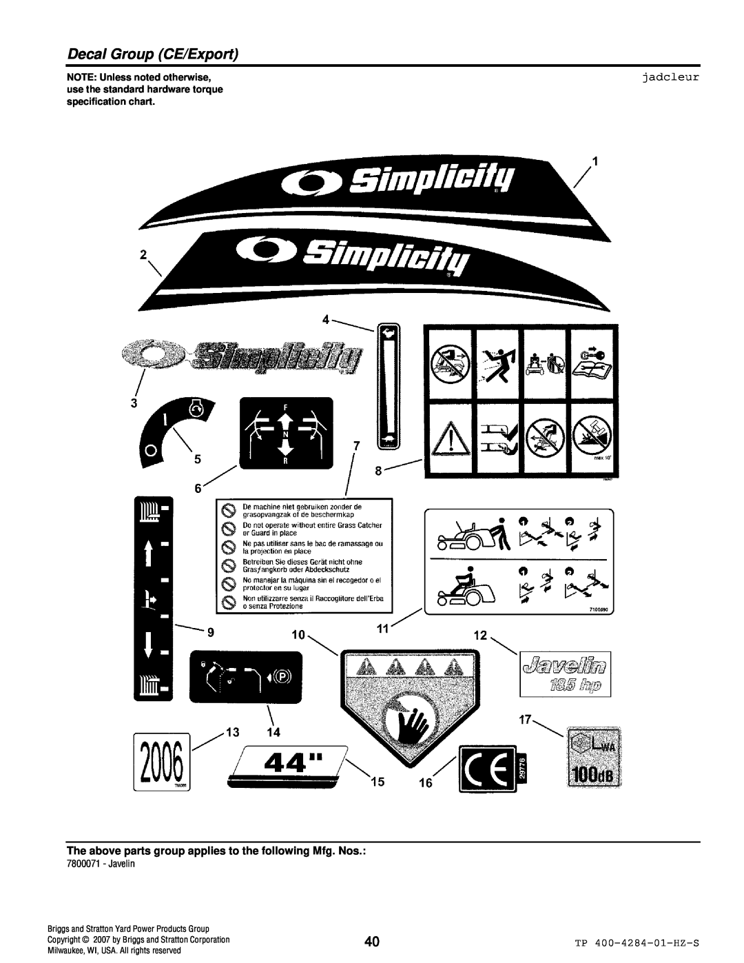 Simplicity TP 400-4284-01-HZ-S manual Decal Group CE/Export, jadcleur, NOTE: Unless noted otherwise, specification chart 