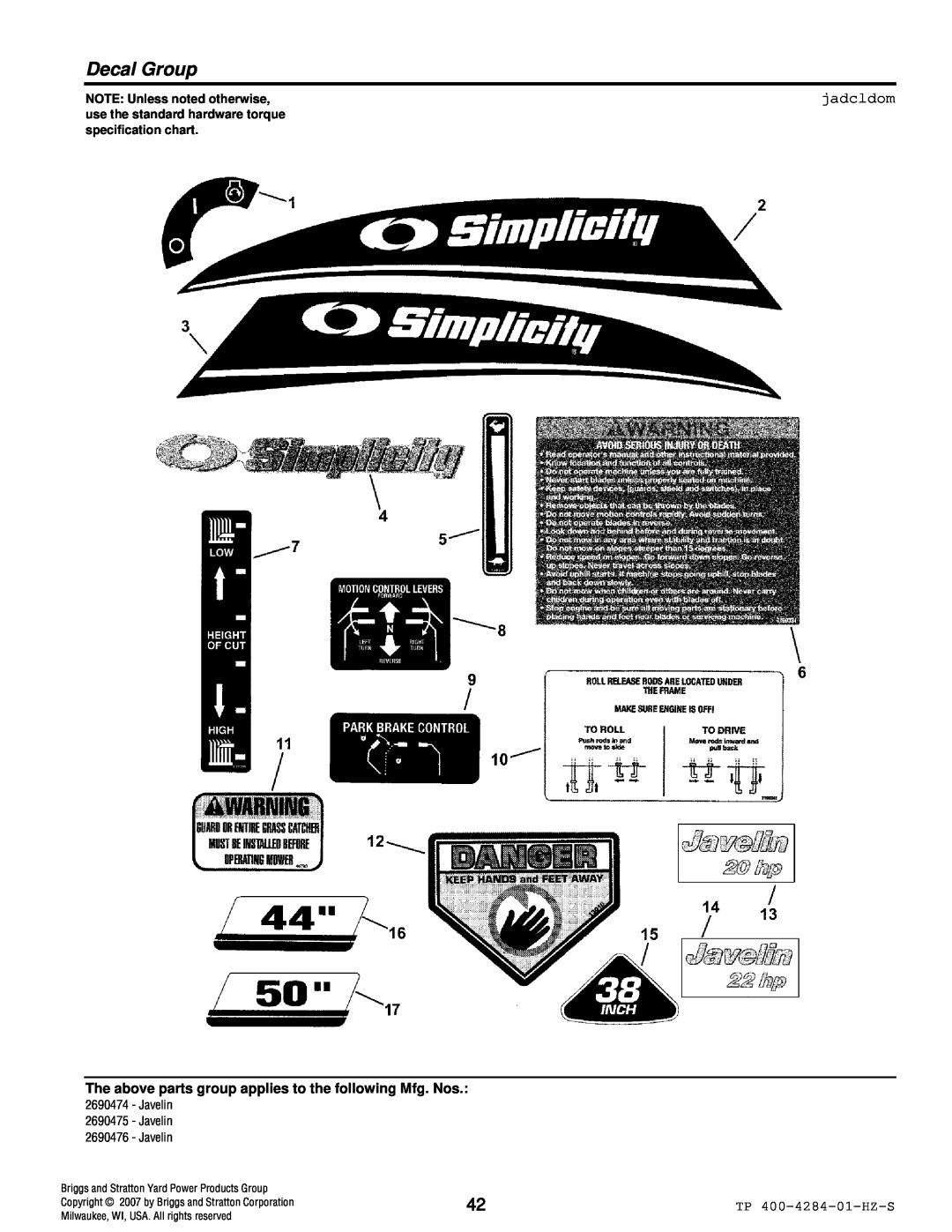 Simplicity TP 400-4284-01-HZ-S manual Decal Group, jadcldom, NOTE: Unless noted otherwise, use the standard hardware torque 
