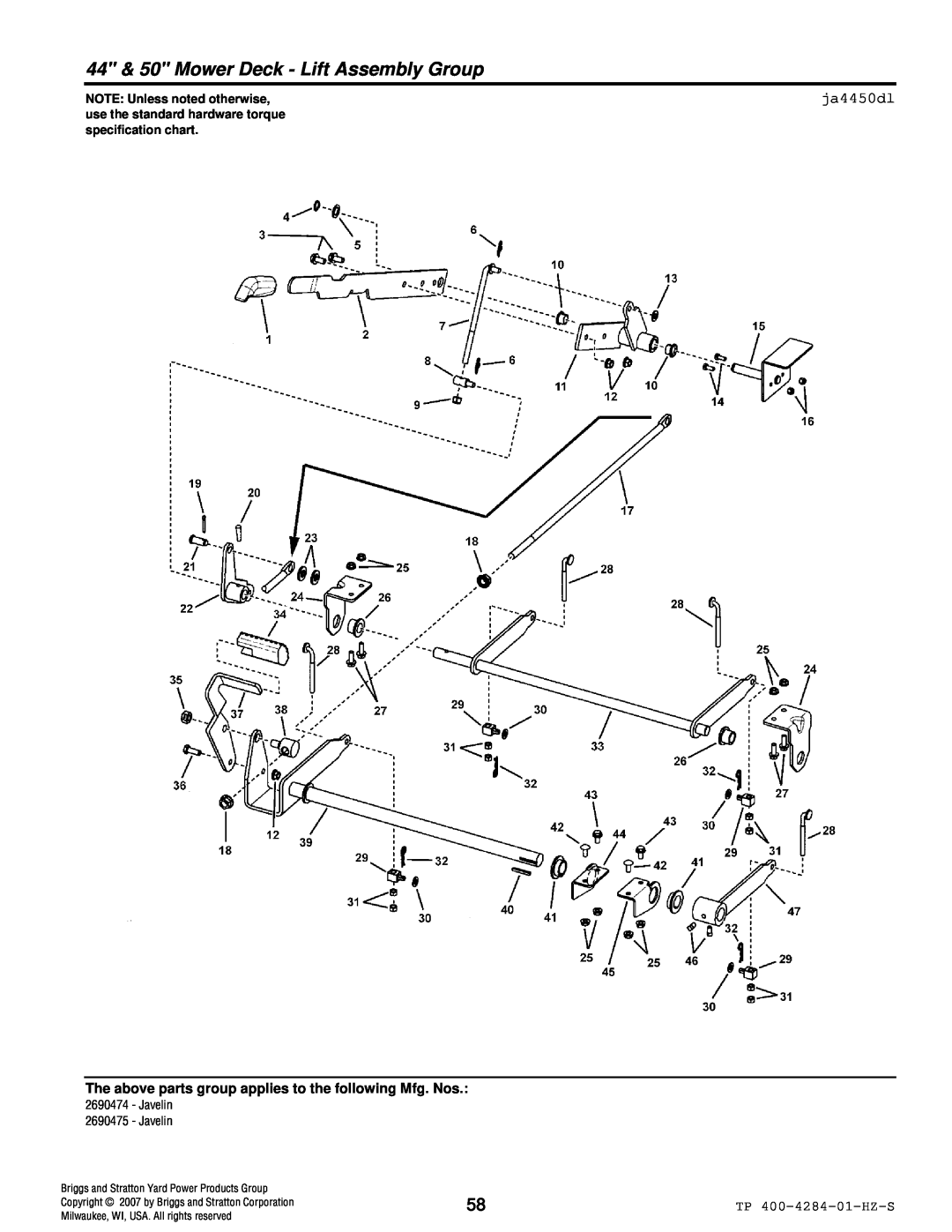 Simplicity TP 400-4284-01-HZ-S manual 44 & 50 Mower Deck - Lift Assembly Group, ja4450dl, NOTE: Unless noted otherwise 