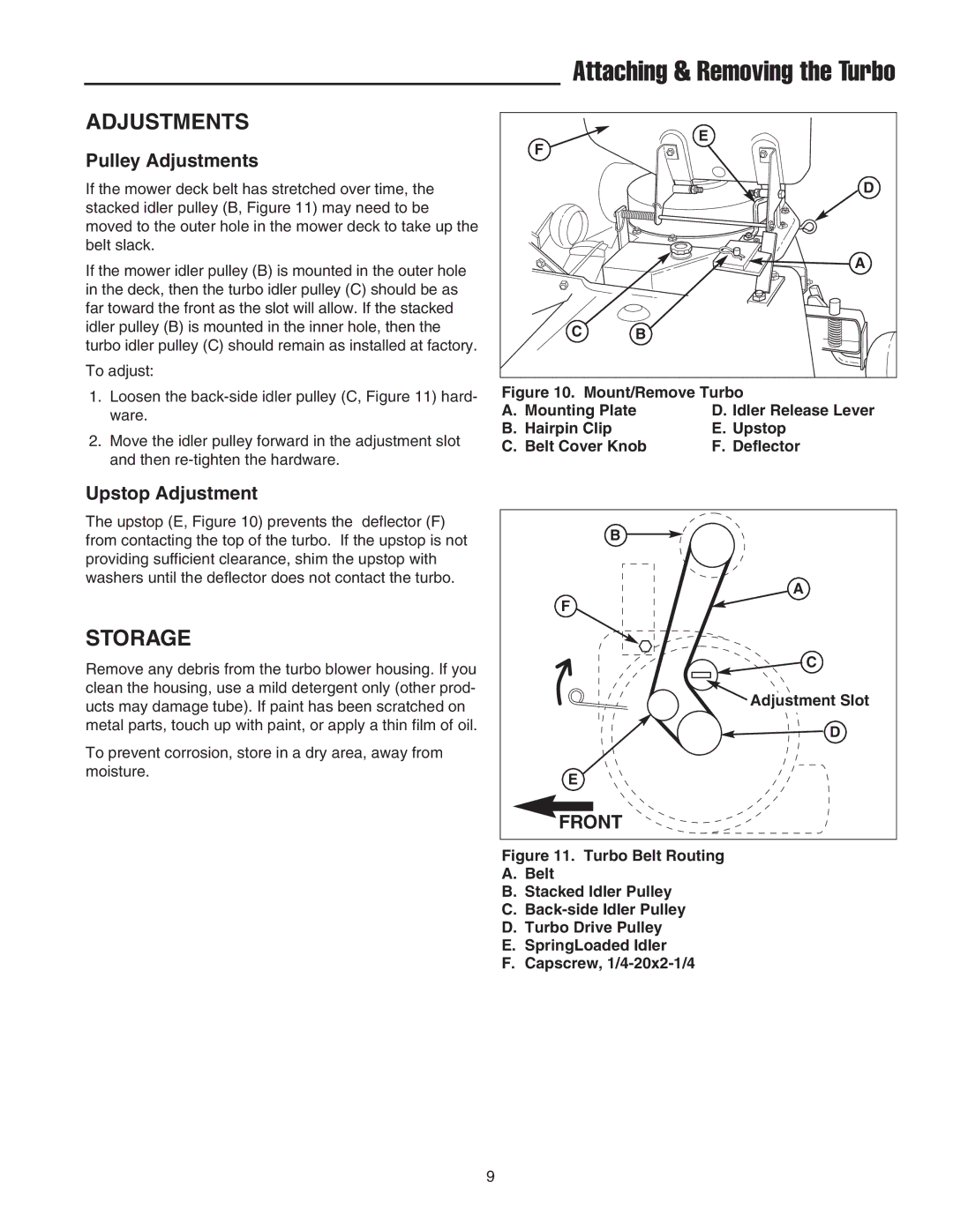 Simplicity Turbo Vacuum Collection System manual Storage, Pulley Adjustments, Upstop Adjustment 