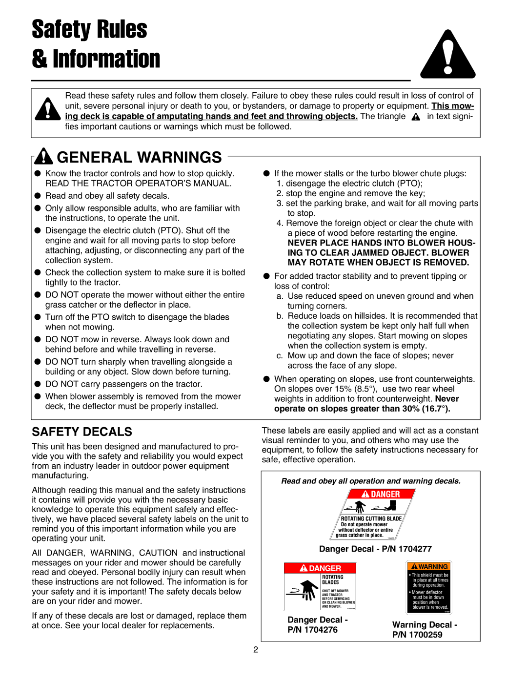 Simplicity Turbo Vacuum Collection System manual Safety Rules Information, Safety Decals 